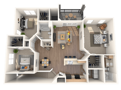A 3D floor plan of a house with multiple rooms and furniture.